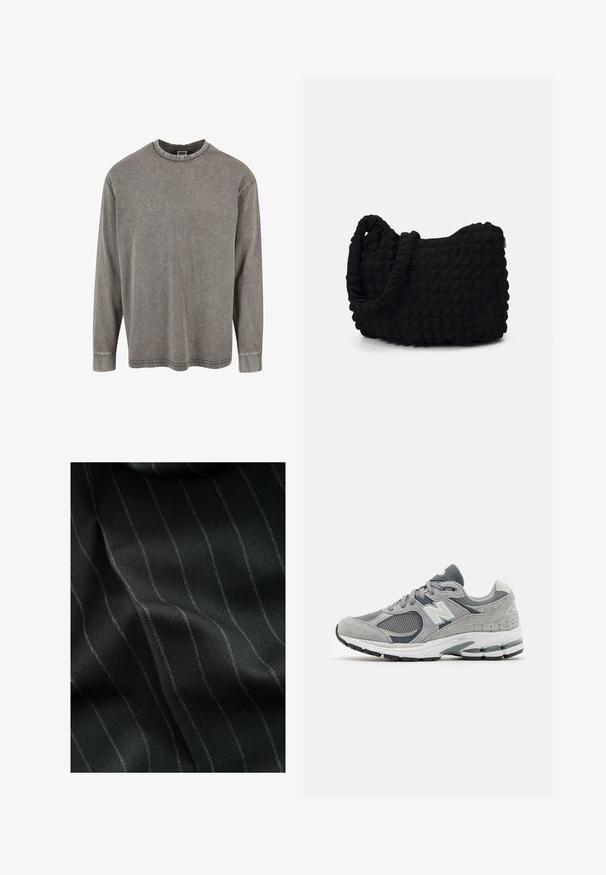 Szürke, hosszú ujjas póló pamut keverék anyagból. Kerek nyakvágással, lejjebb eső vállakkal és varrott mandzsettákkal rendelkezik. Nincsenek minták vagy fém anyagok.; Fekete szövet halszálka mintával és vékony fehér csíkokkal. A textúra simának tűnik, finom mélységgel a szövés miatt.; Szürke sneaker hálós és velúr anyagból, fehér logóval, párnázott bokarésszel és texturált gumitalppal. Sötétebb szürke kiegészítők.; Fekete szövet táska texturált, steppelt mintával. Kerek formájú, rövid, vastag fogantyúkkal és puha, rugalmas szerkezettel.