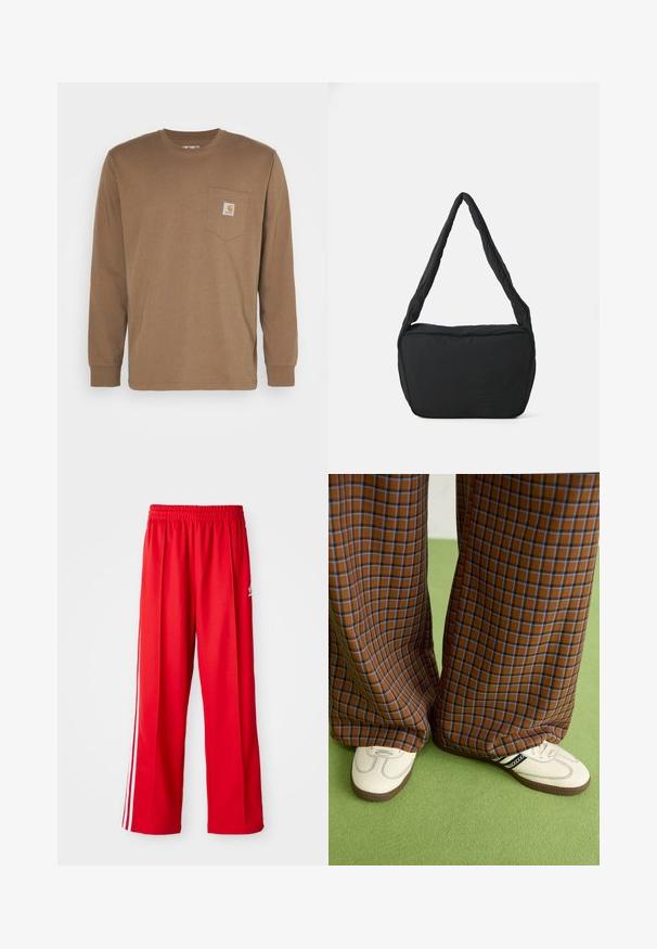 Brun langermet T-skjorte i bomull, med brystlomme og firkantet logo-merke. Enkel design med rund hals og rett skjørt.; Røde treningsbukser laget av lett materiale, med elastisk midjebånd, to hvite sidelister og en liten logo på hoften.; Brune og blå rutete vide bukser sammen med hvite sko med svarte detaljer og teksturerte såler, satt mot en grønn bakgrunn.; Svart skulderveske med polstret tekstur, rund form og bred stropp, med et preget logo på forsiden.