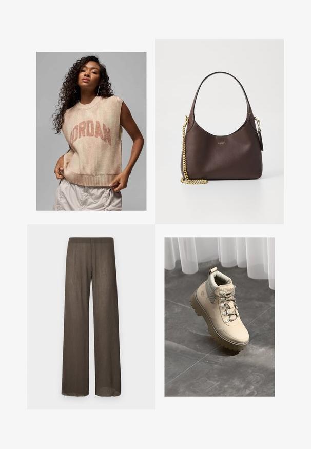 Lys beige ermeløs genser med ribbestruktur, med en fremtredende "JORDAN" logo i mørkere beige. Avslappet design med løs passform.; Vide benbukser i en mørkebrun, let, teksturert stoff med en myk fall. Har et minimalistisk design og rå kantdetaljer.; Beige lærretsekkstøvler med tykk såle, polstret krage og metalløse, plassert mot en grå steingulv med sheer gardiner.; COACH BROOKLYN SHOULDER BAG 23 - Håndveske - maple