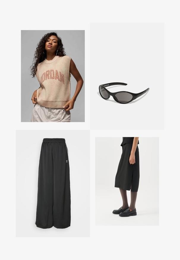 Lys beige ærmeløs sweater med ribstruktur, der har et fremtrædende "JORDAN" logo i mørkere beige. Casual design med løst fit.; Sorte løstsiddende træningsbukser lavet af glat stof. Har en elastisk talje og sidelogsstriber med logoaccents.; Sort knælange nederdel med sideslids, parret med sorte loafers og gennemsigtige brune strømpebukser, der har et glat stof og et enkelt design.; Sorte solbriller med oval form og mørke linser. Strømlinet plastisk stel med teksturerede detaljer på stængerne. Branding på siden.; Sølv hoops øreringe med en glat, poleret overflade og en tynd, cirkulær form. Designet har en sikker låsemekanisme.