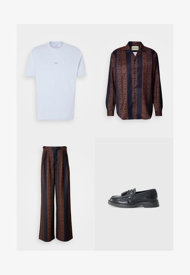 Heledat sinine puuvillane T-särk ümmarguse kaelusega, lühikeste varrukatega ja rinnal väikese valge "Marc O'Polo DENIM" logoga. Pehme, sile tekstuur.; Tumedast nööbitav särk, millel on lilleline geomeetriline muster oranžide toonidega. Särgil on krae ja pikad varrukad, millel on nööpidega mansetid.; Tumed jalad tumepunases kangas, millel on keeruline oranž geomeetriline muster, plekitud eesmine osa ja hästi sobiv värv.; Mustad mustad nahast loafers, millel on ümmargune nina, tald nööpidega ja tugeva mustriga. Sile tekstuur ja klassikaline disain.