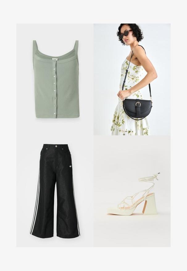 Grön räfflad linne med tunna axelremmar och rak halsringning, med knappstängning fram och en figurnära design.; Svarta vida denimbyxor med tre vita ränder på varje sida och en liten vit logotyp. Har framfickor och knäppning med knapp.; Vit högklackad sandal med en kraftig klack, med ett remdesign och ankelband. Slät textur med en plattform framtill för ökad höjd.; Svart läderhandväska med en böjd form, avtagbar rem och guldiga detaljer. Väskan har ett lock med en spänndetalj.