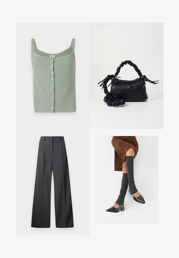 Roheline sooniline tanktop õhukeste rihmade ja sirge kaelusega, millel on eesmine nööpide kinnitamine ja sobiv disain.; Tumesed püksid tumesinises kangas, kõrge vöökoht, üks voldik ning sile struktuur puhaste ääristega.; Mustad patsaline odav värviga kingad, millel on kreen ja pahkluuring, on paaritatud hallide ribakudumitega sääremiidega ja pruunist nahast seelikuga.; Must must sünteetilisest nahast käekott, millel on krokodillimuster, kokku tõmmatav ülaosa ja kortsus rihm. Tundub pehme ja kompaktne disain.