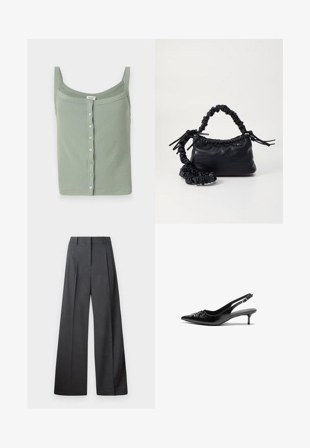 Roheline sooniline tanktop õhukeste rihmade ja sirge kaelusega, millel on eesmine nööpide kinnitamine ja sobiv disain.; Tumesed püksid tumesinises kangas, kõrge vöökoht, üks voldik ning sile struktuur puhaste ääristega.; Musthave nahkased kõrged kontsad, millel on terav varvas, väike kitten-kont ja dekoratiivne sõlm ees. Ühtlane sile tekstuur.; Must must sünteetilisest nahast käekott, millel on krokodillimuster, kokku tõmmatav ülaosa ja kortsus rihm. Tundub pehme ja kompaktne disain.