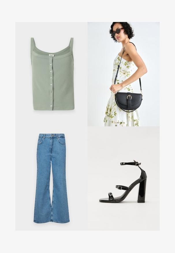 Top de tirantes finos de color verde con un escote recto, que cuenta con un cierre de botones en la parte delantera y un diseño ajustado.; Jeans acampanados de color azul claro hechos de denim, con una cintura alta, cinco bolsillos y un cierre de botón. Textura suave con acabado desgastado.; Sandalias de tacón de charol negro con punta cuadrada, correas en el tobillo y hebillas plateadas. Presentan un tacón grueso para mayor estabilidad.; Bolso de piel negra con forma curva, correa desmontable y herrajes dorados. El bolso cuenta con una solapa con un detalle de hebilla.