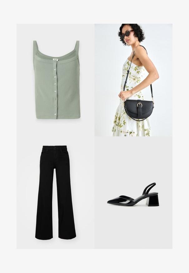 Žalias smailus tankų marškinėlis su plonais petnešėlėmis ir tiesiu iškirpimu, turintis priekines mygtukų užsegimo detales ir prigludimą.; Juodos plačios kelnės iš denimo, turinčios struktūruotą juosmenį, diržo kilpas ir priekines kišenes. Lygus paviršius su klasikinio dizaino elementais.; Juodos lakuotos odinės šlepetės su smailiu pirštu ir geometriniu bloko kulnu. Turi elegantišką, minimalistinį dizainą ir lygų paviršių.; Juodas odinis krepšys su išlenkta forma, nuimamu dirželiu ir auksiniais detalėmis. Krepšys turi kilpą su sagtimi.