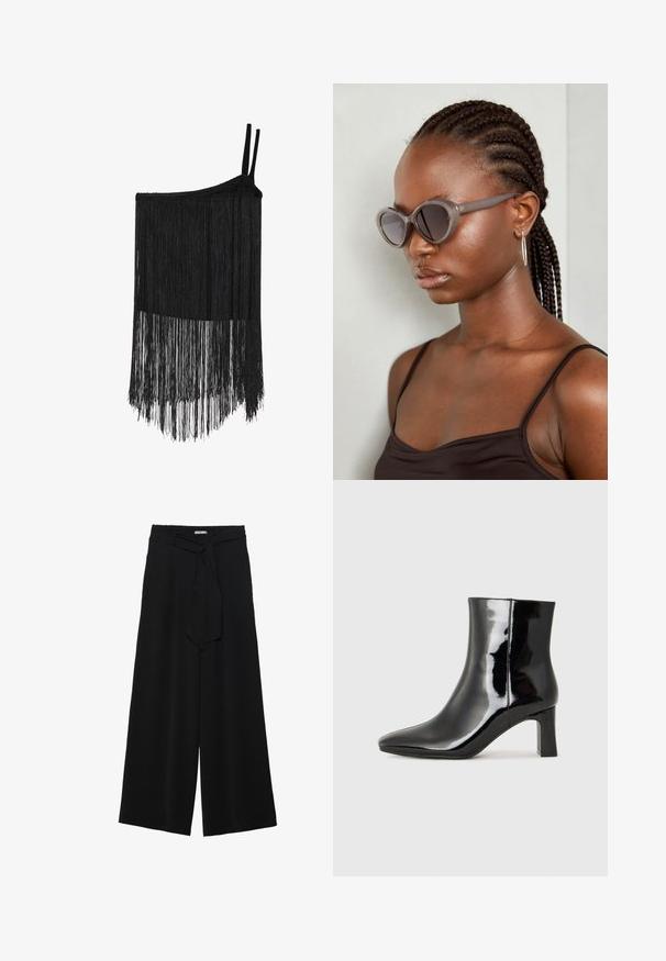 En-skulder svart frynsetopp med flettet stropp og teksturert stoff. Har lange, lagdelte frynse detaljer i kanten for bevegelse.; Svart vide bukser med teksturert stoff, elastisk midje og avtagbart belte som gir justerbar passform.; Sorte patentlær ankle boot med spiss tå og en mellomhøy blokkhelt. Glatt tekstur og minimalistisk design.; Grå, overdimensjonerte solbriller med rund form og mørke linser. Slank plastikkramme med glatt overflate. Modellen har flette.