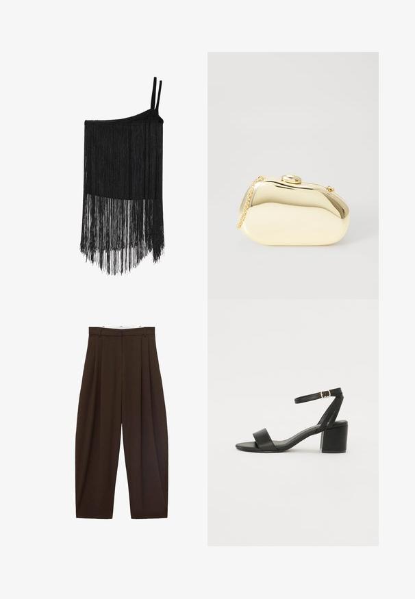 Top na jedno rameno s čiernym frakom, vrátane pleteného ramienka a textúrovanej látky. Obsahuje dlhé, vrstvené fraky na spodnom leme pre pohyb.; Hnedé nohavice s vysokým pásom a skladaním, vyrobené z hladkej tkaniny. Voľný strih, rovný strih nohavíc, s pútkami na opasok a so zipsom.; Čierne sandále na podpätku so hladkým koženým vrchom, otvorenou špičkou, širokými prednými prúžkami a nastaviteľným členkovým popruhom so zlatým prackom.; Kovová zlatá kabelka s hladkým, zaobleným tvarom, ktorá má horné zapínanie na gombík a malý reťazový popruh na nosenie.