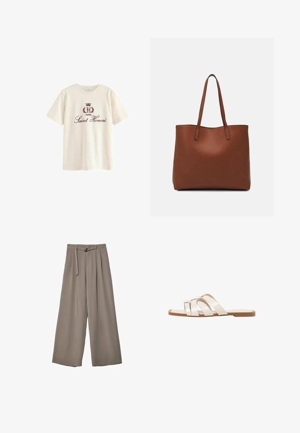 Krem majica od pamuka s kratkim rukavima, koja ima ljubičasto ispisanu oznaku i tekst "H Paris Saint Honoré" centriran na prednjem dijelu.; Široke hlače u mekoj, prigušenoj sivoj tkanini, s remenom na struku i plisiranim detaljima za dodatni dizajn. Glatka tekstura, bez uzoraka.; Ravne sandale s smeškom od gume, dizajnirane s tri preklapajuće bele kožne trake i malim detaljem mašne u sredini.; Smeđa kožna torba preko ramena s glatkom teksturom, otvorenim vrhom i dvjema naramenicama. Ima minimalne šavove i nema vidljivog hardvera.