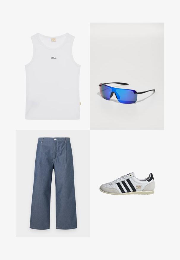 Débardeur blanc à côtes avec un col rond et le texte "Blevis" brodé en noir sur la poitrine. Tissu doux avec un léger extensibilité.; Pantalons en denim léger de couleur bleu foncé, dotés d'une taille haute, de jambes larges, de plis avant et d'une fermeture à bouton.; Baskets blanches avec des rayures noires et une marque dorée. Composées de matériaux en daim et en cuir, avec une tige perforée et une semelle en caoutchouc texturé.; Lunettes de sport avec une monture noire, des verres miroités bleus, une forme angulaire et des coussinets en caoutchouc sur le nez pour une meilleure adhérence. Les verres présentent une teinte dégradée.