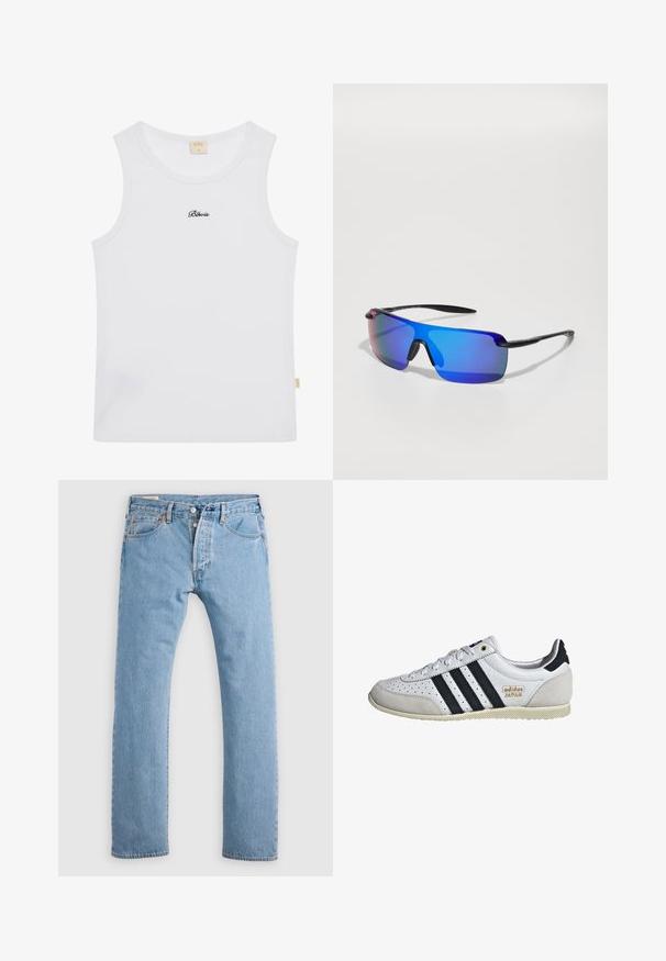 Top a maniche lunghe bianco a costine con scollatura rotonda e il testo "Blevis" ricamato in nero sul petto. Tessuto morbido con una leggera elasticità.; Jeans in denim azzurro chiaro a gamba dritta con chiusura a bottoni, passanti per cintura e tasche anteriori e posteriori, esposti su uno sfondo bianco.; Sneaker bianco con strisce nere e brandizzazione dorata. Presenta materiali in suede e pelle, una tomaia perforata e una suola in gomma testurizzata.; Occhiali da sole sportivi con montatura nera, lenti a specchio blu, forma angolare e naselli in gomma per una migliore presa. Le lenti presentano una tonalità sfumata.