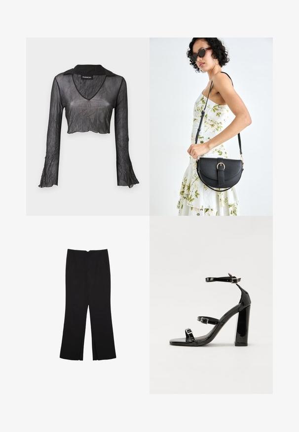 Schwarzes, transparentes, langärmliges, verkürztes Oberteil mit V-Ausschnitt, das eine zerknitterte Textur und Spitzenakzente an den Ärmeln aufweist.; Schwarze Hose mit geradem Schnitt, ausgestattet mit Fronttaschen und Seitenschlitzen am Saum. Hergestellt aus weichem, glattem Stoff. Geeignet für verschiedene Anlässe.; Schwarze patentierte Sandalen mit Absatz, quadratischer Spitze, Knöchelriemen und silbernen Schnallen. Mit einem stabilen Blockabsatz für mehr Stabilität.; Schwarze Lederhandtasche mit geschwungener Form, abnehmbarem Tragegurt und goldenen Beschlägen. Die Tasche verfügt über einen Deckel mit einer Schnallen-Details.