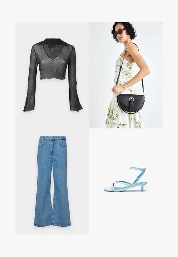 Must hõre pika varrukaga lühike must top, millel on V-kaelus, crinkled tekstuur ja pitsaktsendid varrukatel.; Heledad sinine flared teksade rõivad, millel on kõrge talje, viis taskut ja üks nupulukk. Pehme tekstuur ja pleekinud viimistlus.; Heledad sinised rihmaga jalatsid, millel on ruudukujuline varvas, madal konts, reguleeritav pahkluu rihm ja sile, läikiv viimistlus. Risti rihmad jalatsipadjal.; Mustmust mustraha kõverate joontega, eemaldatava rihmaga ja kuldsete detailidega. Kotil on klapp, millel on pandladetail.