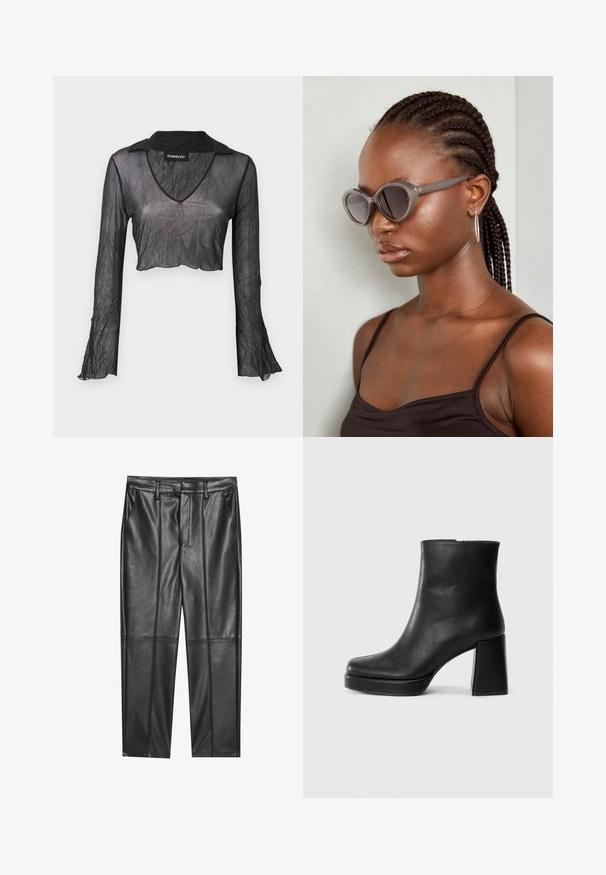 Top cropped preto transparente de mangas longas com decote em V, apresentando uma textura amarrotada e detalhes em renda nas mangas.; Calças de pele preta com uma textura suave, apresentando um ajuste reto, dois bolsos frontais e detalhes de costura visíveis.; Bota de couro preta até ao tornozelo com salto bloco e sola com plataforma, vista de lado sobre um fundo branco liso.; Óculos de sol cinzentos de tamanho oversized com uma forma arredondada e lentes escuras. Armação de plástico elegante com um acabamento suave. O modelo tem cabelo trançado.