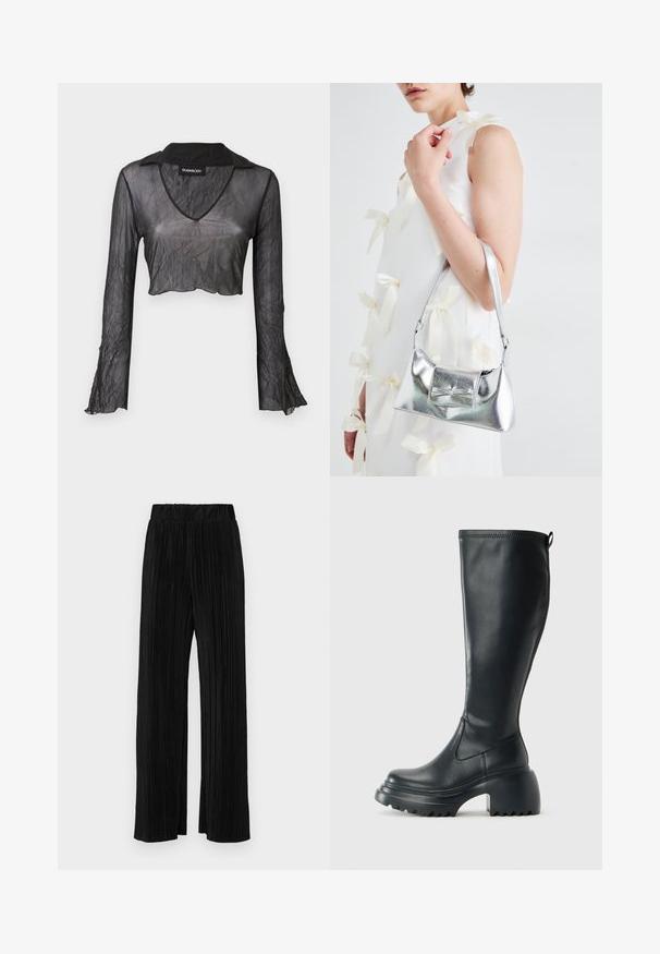 Black sheer long-sleeve cropped top with a V-neck, featuring a crinkled texture and lace accents on the sleeves.; Black pleated trousers with an elastic waistband. Features wide legs and a smooth, textured fabric with vertical stripes.; Tall black leather boot with chunky platform sole and block heel, featuring pull tab and textured tread on outsole.; Silver metallic handbag with a structured shape, featuring a top handle and bow detail on the front. Smooth texture, reflective finish.