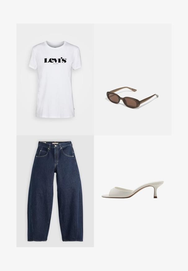 Levi's® THE PERFECT TEE - Triko s potiskem - white; Tmavě modré džíny z denimu s volným střihem, světlým prošíváním, pěti kapsami a knoflíkovým zapínáním v pase.; Bílé otevřené lodičky na vysokém podpatku s hladkým povrchem, minimalistickým designem a štíhlým podpatkem, se slabým hnědým akcentem na podrážce.; Hnědé oválné sluneční brýle s tmavými skly. Rámeček je z průhledného hnědého materiálu a má na stranách potisk s logem.; Zelená kožená kabelka s hladkou texturou, zakřiveným tvarem a pleteným držadlem. Obsahuje zipové uzávěr a nastavitelný popruh.