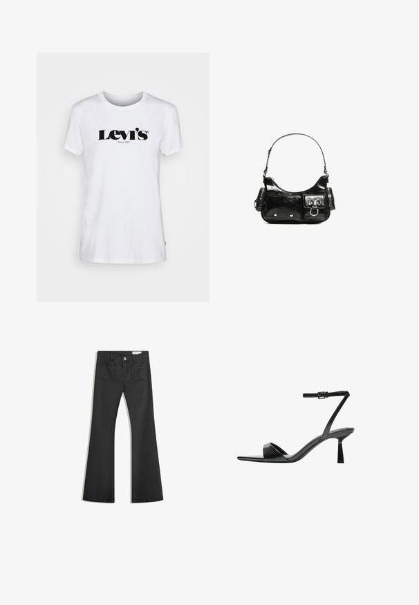Levi's® THE PERFECT TEE - T-shirts print - white; Sorte flared jeans lavet af denim med en glat tekstur, som har to baglommer og en knaplukning i taljen.; Bershka Højhælede sandaletter / Højhælede sandaler - black; Sort patenteret læder håndtaske med en buet form, en skulderrem, frontlommer og hardware accenter i sølvfarve.