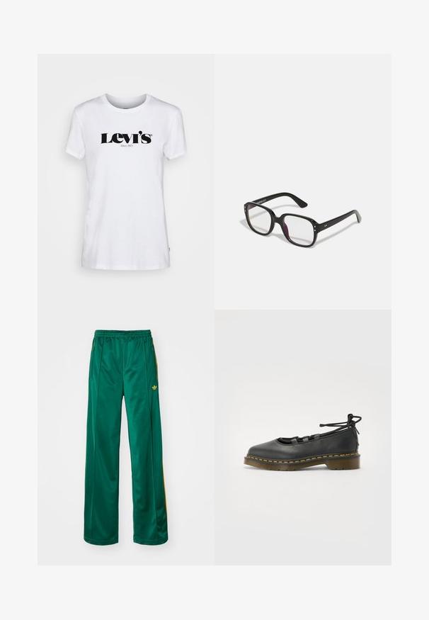 Levi's® THE PERFECT TEE - Triko s potiskem - white; Zelené saténové sportovní kalhoty s volným střihem, zdobené žlutými pruhy a vyšitým logem na levé straně. Elastický pás.; Černá kožená bota s kulatou špičkou, nízkým podpatkem, šněrováním a žlutým prošíváním po okraji podrážky. Hladký povrch s matným vzhledem.; Černé obdélníkové brýle s průhlednými skly, zaoblenými okraji a bočními akcenty, s lesklým povrchem na rámu a nožičkách.; Černá kožená hobo taška s měkkým, zakřiveným tvarem. Obsahuje široké horní ucho a na základně se shromažďuje, což vytváří uvolněnou texturu.