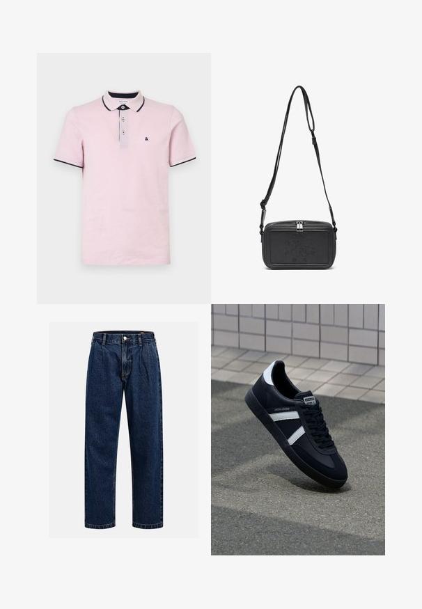 Polo shirt rose clair en coton, comportant une patte de boutonnage à trois boutons, un col et des manches bordés de marine, et un petit logo brodé.; Jean en denim bleu foncé avec une coupe droite. Présente des coutures visibles, une fermeture par bouton et des plis à l'avant pour un détail supplémentaire.; Sneaker en cuir noir avec des rayures blanches, semelle en caoutchouc texturée et devant à lacets. Présente une étiquette de marque sur la languette.; Sac bandoulière en cuir noir avec une fermeture éclair, logo embossé à l'avant et une sangle réglable. Texture lisse avec une forme rectangulaire.