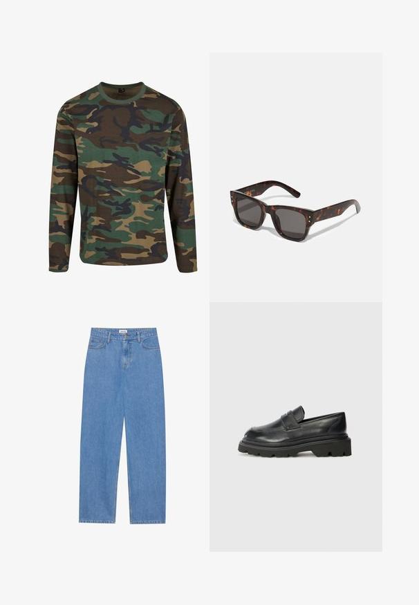 Hosszú ujjú terepmintás póló földszínekben; zöld, barna és fekete mintázattal; kerek nyakú; puha anyagból; laza szabású.; Világoskék farmernadrág egyenes szabással, öt zsebbel, egy gombos záródással és finom varrási részletekkel az oldalvarrásokon.; Fekete bőr mokaszinok kerek orral, alacsony, vaskos gumitalppal, amely mintázott bordázattal rendelkezik, és hajtott pánt részlettel a felsőrészen.; Tortavérű napszemüveg sötét lencsékkel, négyzet alakú kerettel és ezüst színű díszítő tüskékkel az elején. Műanyagból készült, könnyű és tartós.; Szürke velúr övtáska kerek formával, két cipzáras rekesszel és állítható pánttal. Fém dekorációval rendelkezik.