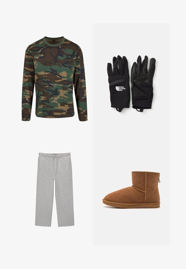 Pitkähihaisen camo-t-paidan luonnonväreissä; vihreitä, ruskeita ja mustia kuvioita; pyöreä kaula-aukko; pehmeä kangas; rento malli.; Harmaat puuvillaiset olohousut, joissa on elastinen vyötärö, nauhakuja ja kaksi sivutaskua; suora lahkeiden muotoilu, pehmeä kangas, ilman kuvioita.; Ruskea mokkanahka nilkkapuku, jossa on pyöreä varvaskärki, joustava kumipohja ja vahvistetut saumat. Takana on vetoketju.; Mustat hanskat, jotka on valmistettu sekoituksesta teksturoitua kangasta ja nahkaa. Ominaisuuksiin kuuluvat vahvistetut sormipäät, logotuloste ja turvalliset rannekkeen säädöt.