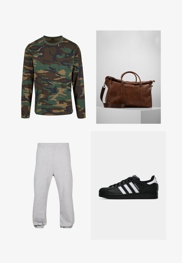 Ilgām piedurknēm camo T-krekls zemes toņos; satur zaļus, brūnus un melnus rakstus; apaļa kakla izgriezums; mīksta auduma; brīvs piegriezums.; Pelēkās sporta bikses, kas izgatavotas no kokvilnas sajaukuma, ar elastīgu jostu, sašaurinātiem piedurknēm un iecirstiem apakšgaliem. Vienkāršs dizains bez rakstiem.; Melnas Adidas Superstar kedas ar baltām svītrām, čaulas purngalu un uzrakstu "Superstar" sānos, parādītas sānskatā uz baltā fona.; Brūna ādas ceļojumu soma ar rāvējslēdzēju, dubultām rokturiem, regulējamu plecu siksnu un redzamām tekstūras rakstu zīmēm virsmā.