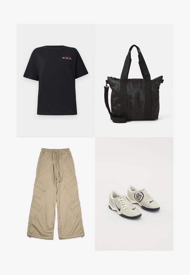 Black cotton t-shirt with a relaxed fit, crew neckline, short sleeves, and a colorful logo embroidered on the left chest.; Beige cargo pants with a drawstring waist, multiple side pockets, and a relaxed fit. Made of lightweight, smooth fabric with stitching details.; Nike sneakers with a beige and gray textured upper, black accents, a large "90" logo, and a white lace-up closure. Black sole.; Black tote bag with textured fabric, dual top handles, and a detachable shoulder strap. Features a zippered closure for secure storage.