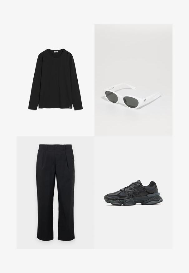 Schwarzes Langarm-T-Shirt aus Baumwolle mit Rundhalsausschnitt und einem kleinen Logo-Tag an der unteren linken Seite. Glatte Textur, lockere Passform.; Schwarze Hosen mit geradem Schnitt, ausgestattet mit Falten an der Vorderseite, einem Knopfverschluss und glatter Stoffoberfläche.; Schwarzer Laufschuh mit einer Mischung aus Mesh- und sinthetischen Materialien, dicke Sohle, geschwungenes Design und auffälliger Markenkennzeichnung an der Seite.; Weiße Sonnenbrille mit runden Rahmen und dunklen Gläsern. Verfügt über eine glatte Plastikoberfläche und ein kleines Logo an der Schläfe.