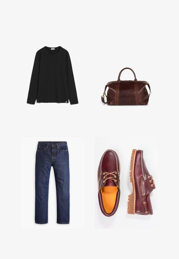 Zwart t-shirt met lange mouwen, gemaakt van katoen, met een ronde hals en een klein logo-label aan de onderkant links. Soepele textuur, relaxte pasvorm.; Donkerblauwe straight-leg denim jeans met een voorste knoop, ritsopening, vijf zakken en koperen klinknageldetails.; Bordeaux leren schoenen met bruine rubberen zolen, ronde neus, witte stiksels en gouden veterogen. Het interieur heeft een gele voering.; Bruine leren sporttas met dubbele handgrepen aan de bovenkant, een afneembare schouderband en een ritsluiting. Textuurafwerking met contrasterende accenten.