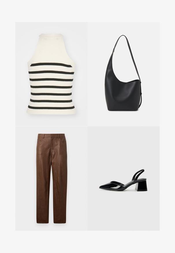 Ribbet halterneck-top i krem- og svartstripete design. Har en figursydd passform med høy hals og uten ermer. Teksturert stoff.; Brune skinnbukser med en jevn tekstur, rett ben design og to sidelommer. Har synlige sømdetaljer.; Svarte patentlær slingback hæler med spiss tå og geometrisk blokk hæl. Har et stilrent, minimalistisk design og jevn tekstur.; Svart lær hobo-veske med glatt tekstur, buet form og enkelt justerbart stropp; har en bred åpning på toppen.