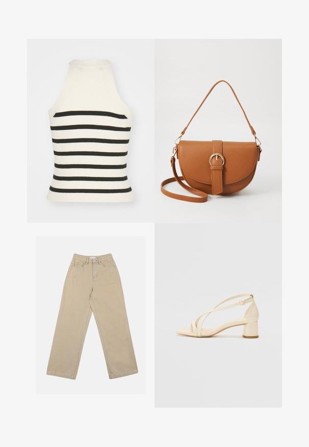 Top halter cu dungi crem și negre, cu un design ajustat, gât înalt și fără mâneci. Material texturat.; Pantaloni largi bej din denim, având talie înaltă, buzunare frontale și cusături contrastante. Designul include un închizător cu nasture.; Sandale cu toc bej, cu toc pătrat, design cu barete și curea la gleznă ajustabilă, realizate dintr-un material sintetic neted cu finisaj mat.; Geantă din piele maro, tip crossbody, cu o formă curbată, accesorii aurii și un accent cu cataramă. Dispune de un curea de umăr detașabilă.