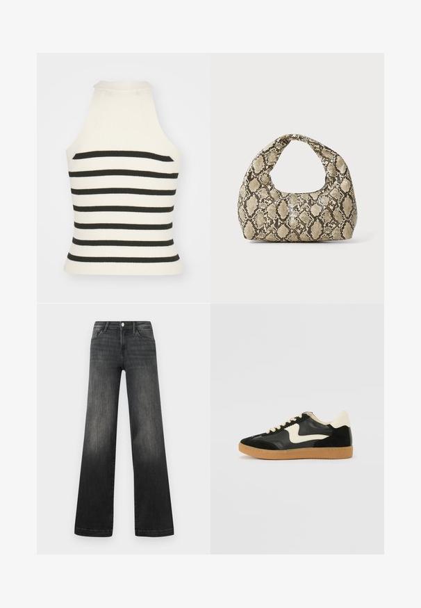 Ribbed halter top in cream and black stripes. Features a fitted design with a high neckline and sleeveless cut. Textured fabric.; Mustat leveälahkeiset farkut haalistuneessa denimissä, joissa on etutaskut, napitus ja hienovarainen ommel yksityiskohtana saumoissa.; Mustat mokka- ja nahkakengät, joissa on kermaisen valkoinen sivupainatus ja vaalea kermaisine kantapää. Varustettu beigeillä nauhoilla ja kumista valmistetulla ulkopohjalla.; Käärmeennahkakuosiset käsilaukku, jossa on kaareva kahva. Tehty teksturoiduista beigeistä ja ruskeista materiaaleista, joissa on erottuva timanttikuvio.