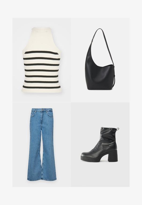 Ribotuotas halter stilius viršus su kreminės ir juodos spalvų juostelėmis. Turi prigludusį dizainą, aukštą kaklo iškirpimą ir be rankovių modelį. Tekstūruota medžiaga.; Šviesiai mėlynos flared džinsai, pagaminti iš džinsinio audinio, su aukštu liemeniu, penkiomis kišenėmis ir vienu mygtuko užsegimu. Minkštas paviršius su išblukusiu efektu.; Juodos kulkšninių botai, pagaminti iš lygaus odos, su šoniniu užtrauktuku, masyviu tekstūruotu kulnu ir apvaliu pirštu.; Juodas odinis hobo maišas su lygiu paviršiumi, kreipta forma ir viena reguliuojama rankena; turi platų atidarymą viršuje.