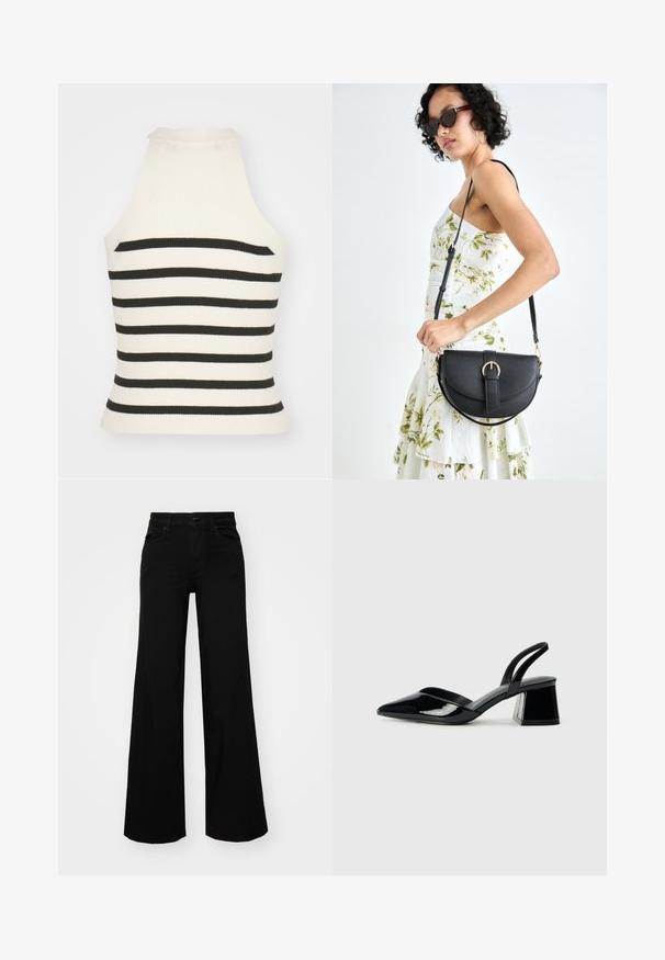 Top halter cu dungi crem și negre, cu un design ajustat, gât înalt și fără mâneci. Material texturat.; Pantaloni negri cu picioare largi, din denim, cu un brau structurat, bucle pentru curea și buzunare frontale. Textură netedă, cu un design clasic.; Pantofi cu toc slingback din piele lacuită neagră, cu vârf ascuțit și toc geometric. Prezintă un design elegant, minimalist și o textură netedă.; Geantă din piele neagră, cu o formă curbată, curea detașabilă și accesorii aurii. Geanta are un capac cu un detaliu tip cataramă.
