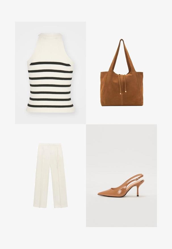 Top halter cu dungi crem și negre, cu un design ajustat, gât înalt și fără mâneci. Material texturat.; Pantaloni cu picioare largi, de culoare crem deschis. Realizați dintr-un material neted, cu plisuri în față și buzunare laterale.; Pantofii cu toc slingback, cu vârful ascuțit, dintr-un material tan neted și strălucitor. Prezintă un design cu decupaj curbat și un toc subțire stil stiletto. Detaliu cu cataramă argintie.; Geantă tote din suede maro cu două mânere lungi, închidere prin șnur și un design minimalistic. Textură netedă și fără accente vizibile de hardură.