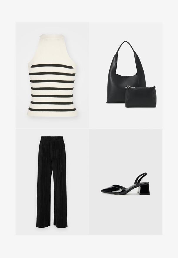 Ribbed halter top in cream and black stripes. Features a fitted design with a high neckline and sleeveless cut. Textured fabric.; Black pleated trousers with an elastic waistband. Features wide legs and a smooth, textured fabric with vertical stripes.; Black patent leather slingback heels with a pointed toe and a geometric block heel. Features a sleek, minimal design and smooth texture.; Even&Odd Handbag - black