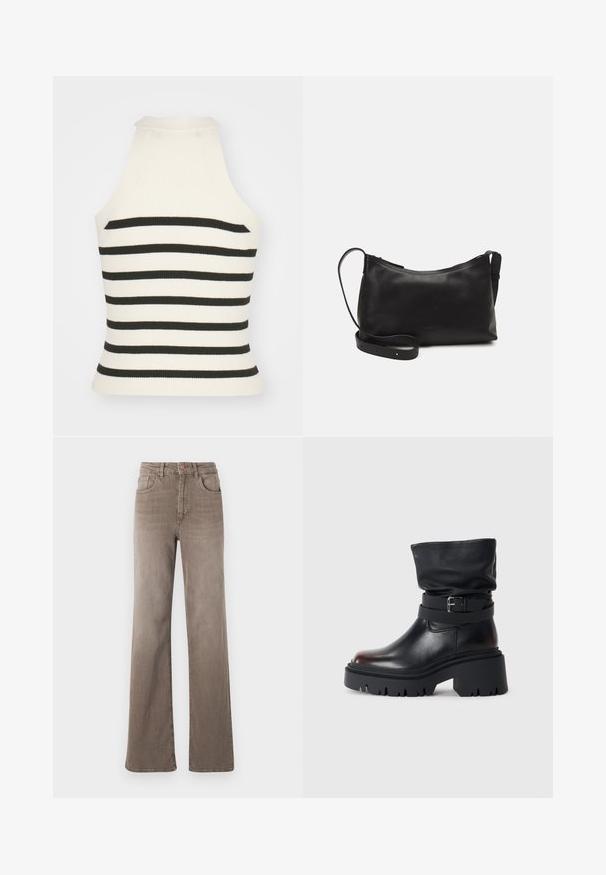 Hladký halter top v smotanovej farbe s čierno-bielymi pruhmi. Obsahuje priliehavý strih s vysokým golierom a bezramenným prevedením. Textúrovaná látka.; Hnedé high-waist rovné džínsy so zapínaním na prednej strane, pútkami na opasok a klasickým dizajnom s piatimi vreckami na bielom pozadí.; Čierne kožené členkové čižmy s voľnou hornou časťou, detailom s prackou a hrubou, robustnou podrážkou. Majú okrúhlu špičku a hladkú textúru.; Čierna kožená ramenná taška s hladkou textúrou, zakriveným tvarom, nastaviteľným popruhom a zipsom. Minimalistický dizajn bez ozdôb.