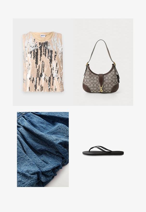 Pailletten top met een beige basis en zwarte en zilveren verticale patronen, zonder mouwen en een ronde halslijn. Gladde textuur.; Denim stof in een diepe blauwe tint, met een gekreukte textuur die zachte vouwen creëert. Glad oppervlak met subtiele kleurvariaties.; Zwarte flip-flop met een gestructureerde rubberen zool, twee slanke banden en een subtiele, ingedrukte logo-detail op de band.; COACH HAMPTONS HOBO BAG IN SIGNATURE JACQUARD - Handtas - oak maple