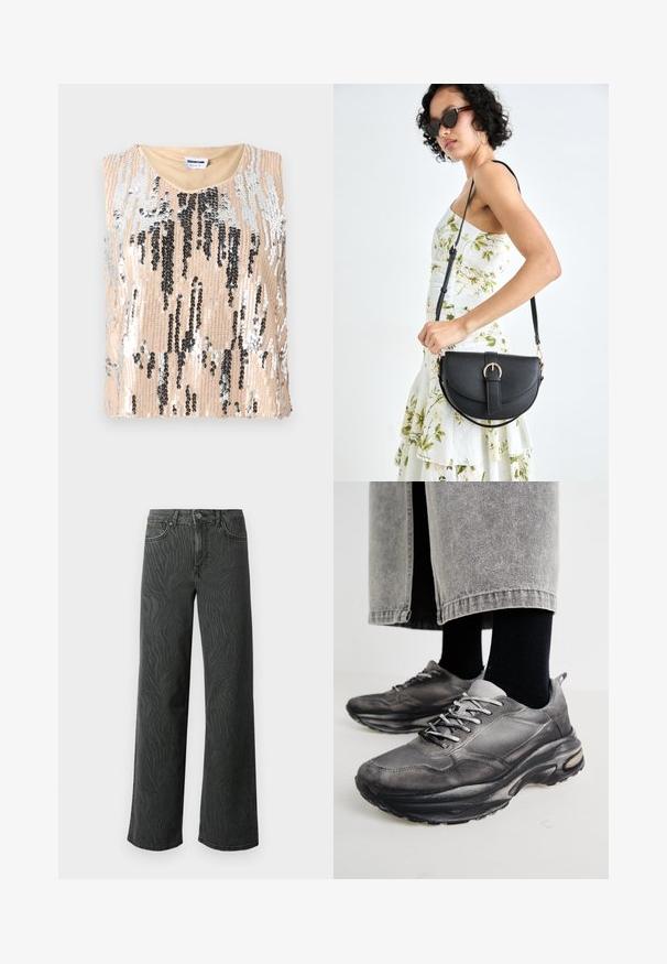 Pailletten top met een beige basis en zwarte en zilveren verticale patronen, zonder mouwen en een ronde halslijn. Gladde textuur.; Brede pijpen jeans in donkergrijs denim, met een subtiele zebra-structuur, contrasterende stiksels en een vijf-pocket ontwerp met een knoopsluiting.; Zwarte en grijze sport schoenen hebben een mesh bovenkant, dikke zolen en veters. Ze hebben een ronde neus en zichtbare dempingsdetails.; Zwarte leren handtas met een gebogen vorm, afneembare schouderband en gouden hardware. De tas heeft een klep met een gespsluiting.