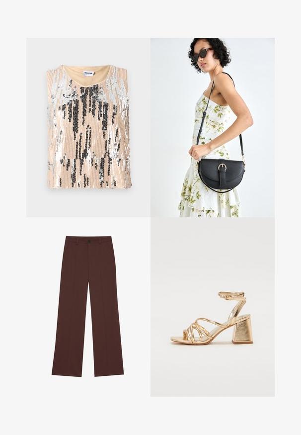 Top de lantejoulas com uma base bege e padrões verticais em preto e prata, design sem mangas e decote arredondado. Textura suave.; Calças largas em tecido castanho escuro. Apresentam um fecho com botão, duas bolsos frontais, textura suave e linhas limpas.; Sandálias de salto alto metálico dourado com design em tiras, salto quadrado e tira no tornozelo ajustável com fivela. Textura suave.; Bolsa de couro preta com forma curva, alça destacável e detalhes em dourado. A bolsa possui uma aba com detalhe de fivela.