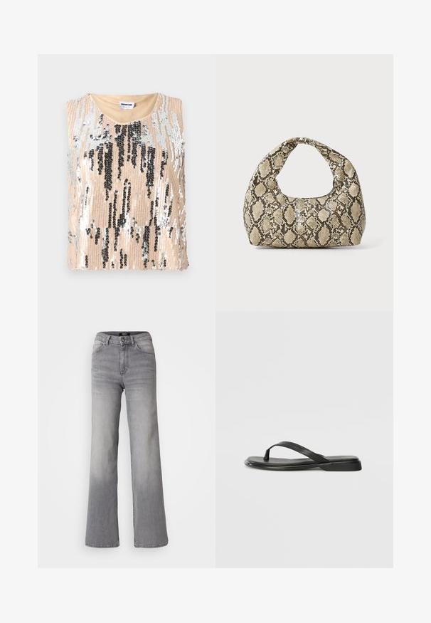 Top cu paiete care prezintă o bază bej cu modele verticale negre și argintii, design fără mâneci și decolteu rotund. Textură netedă.; Jeans din denim gri, cu talie înaltă și croială dreaptă, cu fermoar și nasture frontal, buzunare frontale și spate, și nuanțe estompate pe coapse și gambe.; Sandale negre din piele netedă, cu un design cu curea subțire și o talpă plată cu un profil minimalist. Fără modele sau accente notabile.; Geantă cu imprimeu de șarpe, având un mâner curbat. Fabricată din materiale texturate, bej și maronii, cu un model distinctiv în formă de diamant.