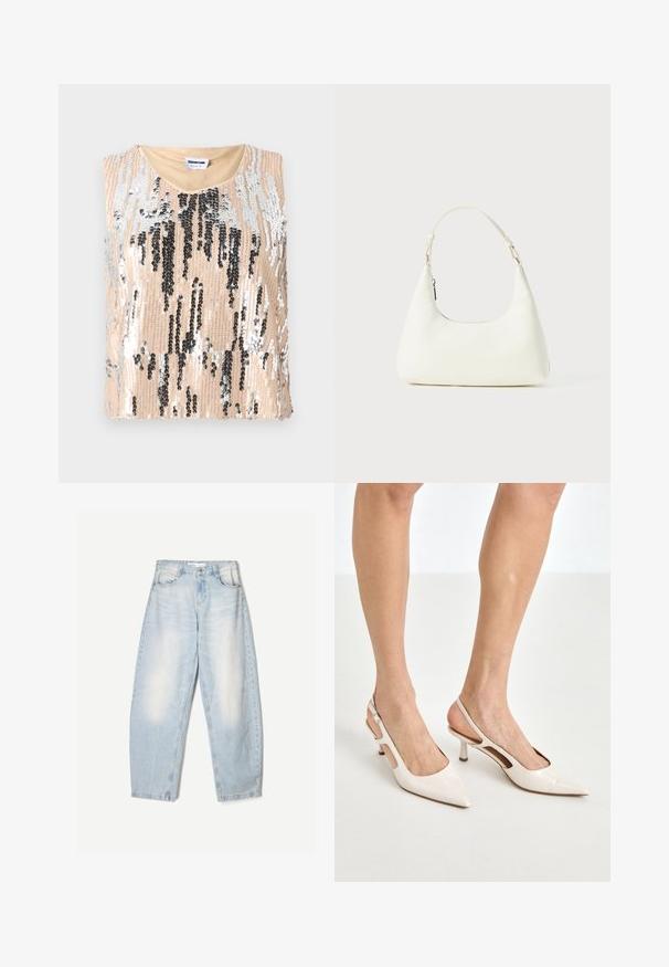 Pailletten top met een beige basis en zwarte en zilveren verticale patronen, zonder mouwen en een ronde halslijn. Gladde textuur.; Lichtblauwe denim jeans met een losse pasvorm, voorzien van een vervaagde afwerking, twee voorzakken en een knoopsluiting bij de taille.; Beige gepatineerde leren slingback hakken met een spitze neus en een hak van 5 cm, met uitsparingen aan de zijkanten en een dunne enkelband.; Kleine witte schoudertas met een enkele verstelbare schouderband en een ritsafsluiting, geplaatst tegen een effen witte achtergrond.