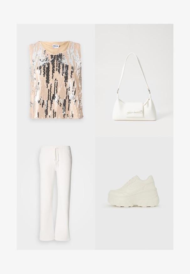 Pailletten top met een beige basis en zwarte en zilveren verticale patronen, zonder mouwen en een ronde halslijn. Gladde textuur.; Witte, relaxed-fit joggingbroek van zachte stof, met een elastische tailleband en een trekkoord, en een rechte pijp.; Witte platform sneakers met een gladde leren bovenkant, afgeronde vorm, gewatteerde kraag en een gestructureerde rubberen zool met duidelijke profiel.; Witte synthetische handtas met een driehoekige vorm, platte voorklep en strikdetail, verstelbare schouderriem, gladde textuur en minimalistisch ontwerp.