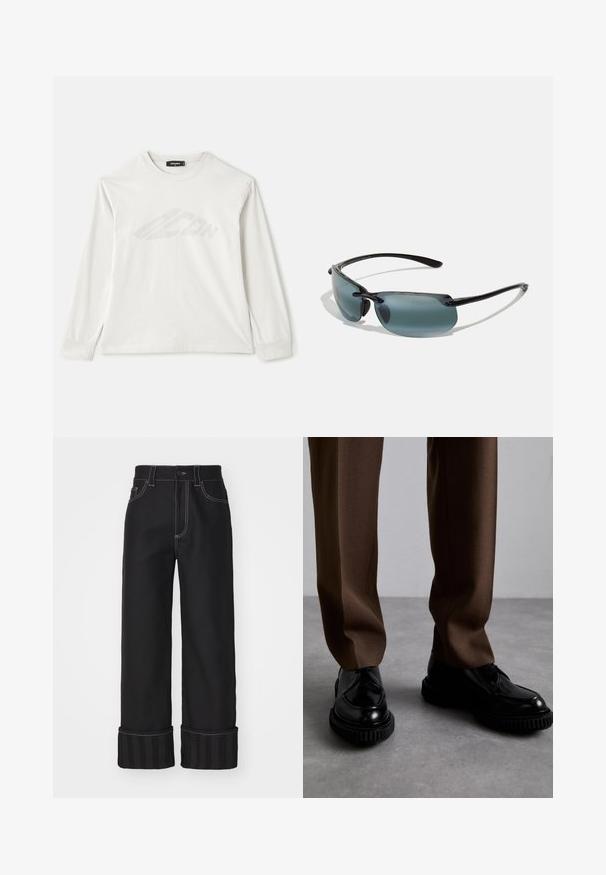 Dlhý rukáv svetlo šedé tričko vyrobené z bavlny, s okrúhlym výstrihom, bočnými rozparky a slabou potlačou loga na prednej strane.; Čierne široké nohavice s kontrastným bielym prešívaním, dizajn s piatimi vreckami a prúžkovanými manžetami. Materiál sa zdá byť pevný s hladkou textúrou.; Čierne kožené topánky s vrúbkovanou čiernou podrážkou, skombinované s hnedými, ušitými nohavicami vyrobenými z hladkej, štruktúrovanej látky.; Slnečné okuliare s čiernym rámom, sivými zafírovými šošovkami a elegantným dizajnom. Majú zakrivené hrany a tenké ramená pre ľahký vzhľad.