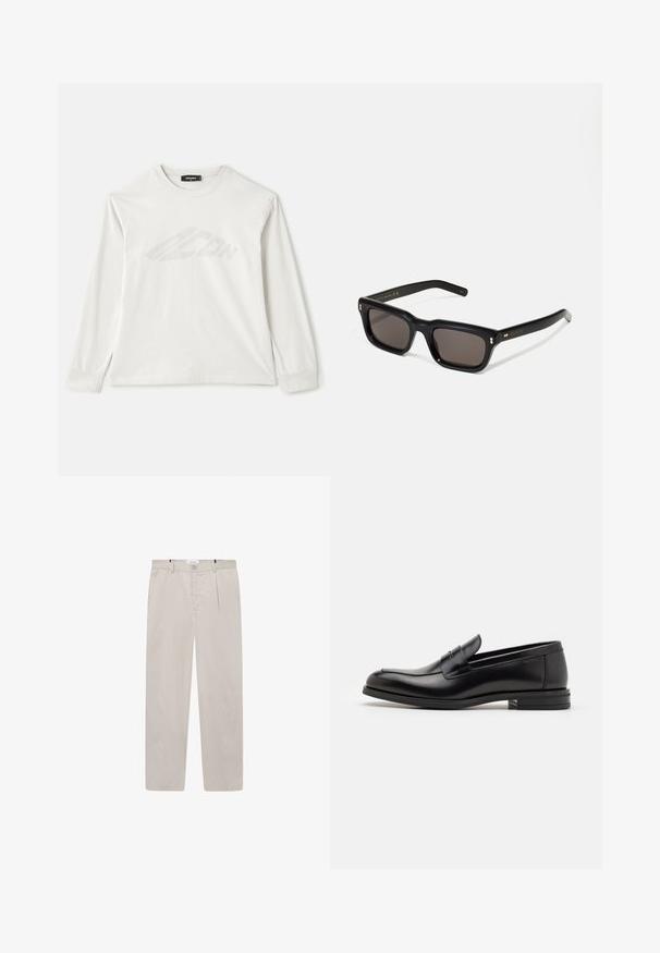 Langärmliges, hellgraues T-Shirt aus Baumwolle mit Rundhalsausschnitt, seitlichen Schlitzen und einem schwach gedruckten Logo auf der Vorderseite.; Helle beigefarbene Hose aus weichem Stoff, mit geradem Schnitt, zwei seitlichen Taschen und einem Frontknopfverschluss. Leicht und mit glatter Textur.; Schwarze Lederloafers mit glatter Textur, rundem Zehenbereich und einem dekorativen Riemen über dem Vorderfuß. Niedriger, gestapelter Absatz, minimalistisches Design.; Schwarze rechteckige Sonnenbrille mit dunklen Gläsern, dickem Kunststoffrahmen, goldenen Akzenten an den Bügeln und eingraviertem Markenlogo am Arm.