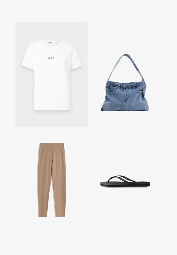 Witte katoenen T-shirt met een ronde halslijn en korte mouwen. Bevat een klein zwart logo-tekst op de voorkant, "DONdup MADE IN ITALY."; Tan leggings met een hoge tailleband, gemaakt van een gladde, rekbare stof. Kenmerkend zijn de gestroomlijnde pasvorm en ontbreken van zichtbare hardware of patronen.; Zwarte flip-flop met een gestructureerde rubberen zool, twee slanke banden en een subtiele, ingedrukte logo-detail op de band.; Denim schoudertas met een gebogen hengsel, twee voorzakken en een knoopsluiting aan de bovenkant, met lichtblauwe stof en contrasterende stiksels.