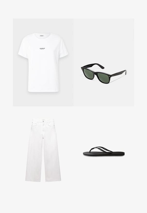 Biała bawełniana koszulka z okrągłym dekoltem i krótkimi rękawami. Z przodu znajduje się mały czarny napis logo "DONdup MADE IN ITALY."; Białe dżinsy o szerokich nogawkach wykonane z bawełny, z wysokim stanem, pięcioma kieszeniami oraz mosiężnymi detalami. Gładka, nieprzetarta faktura.; Czarne klapki z teksturowaną gumową podeszwą, dwiema smukłymi paskami oraz subtelnym, wytłoczonym logo na pasku.; Czarne plastikowe okulary przeciwsłoneczne z zielonymi szkłami, kwadratowe oprawki, srebrny akcent na brwi oraz fakturowane ramiona temple. Nazwa marki podana na wewnętrznej stronie ramion.