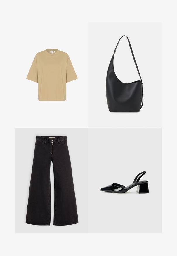 Camiseta de gran tamaño color beige, confeccionada en tela suave, con cuello redondo y mangas cortas. No se aprecian patrones ni adornos.; Jeans de pierna ancha en denim negro con cierre frontal, diseño de cinco bolsillos y detalles de costura sutiles. Textura suave y estilo casual.; Zapatos de tacón slingback de charol negro con punta afilada y tacón geométrico en bloque. Presentan un diseño elegante y minimalista, así como una textura suave.; Bolso tipo hobo de cuero negro con una textura suave, forma curvada y una sola correa ajustable; presenta una amplia apertura en la parte superior.