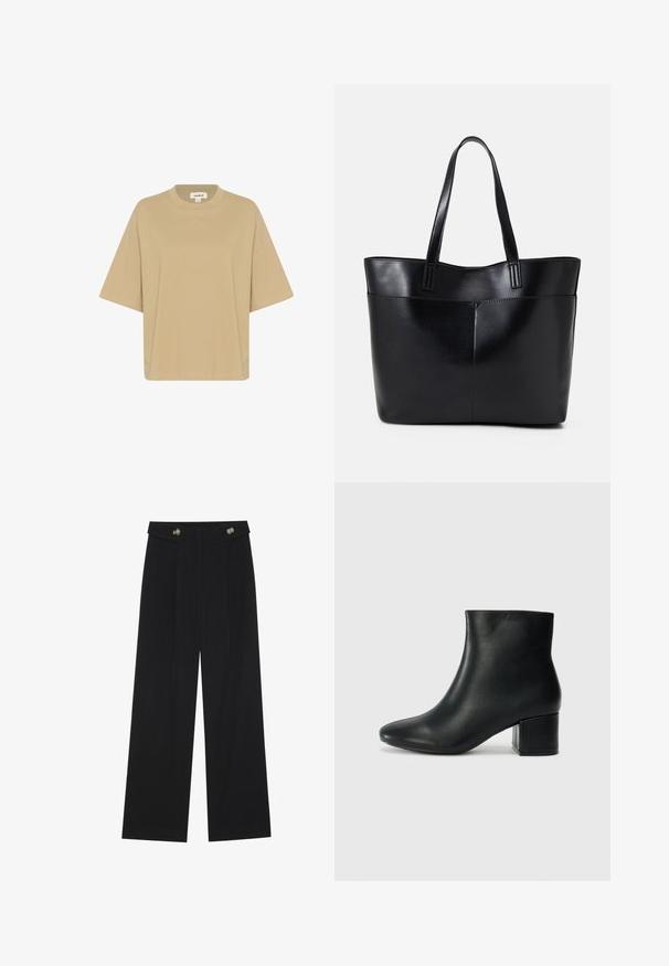 Beige oversized t-shirt made of soft fabric, featuring a crew neck and short sleeves. No patterns or embellishments are visible.; Black wide-leg trousers with high waist, button details on waistband, and front pleats.; Black leather ankle boots with a pointed toe and a chunky heel. Smooth texture with minimal accents and a sleek, fitted design.; Black leather tote bag with two long handles, a smooth texture, and a structured shape. Features a front pocket for additional storage.