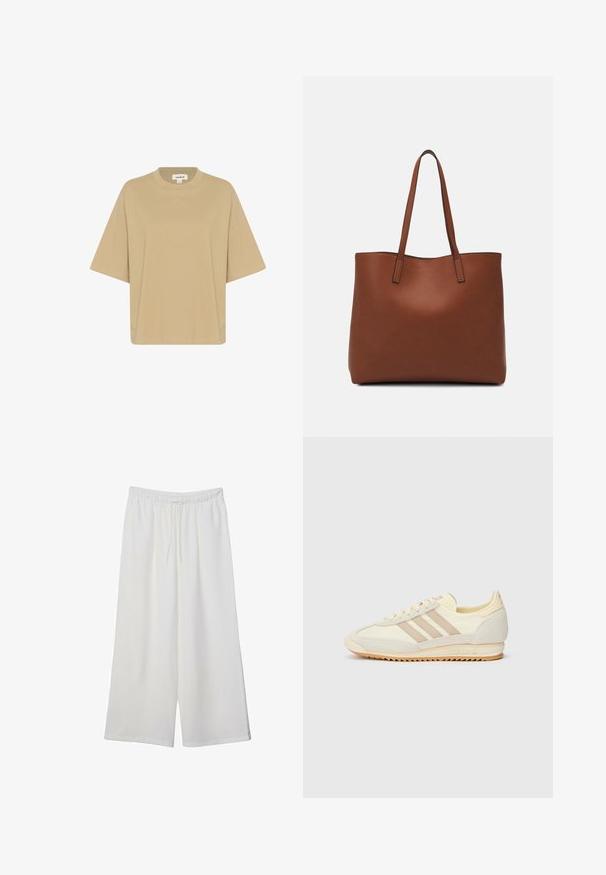 Béžové oversized tričko vyrobené z mäkkej látky, s klasickým výstrihom a krátkymi rukávmi. Žiadne vzory ani ozdoby nie sú viditeľné.; Biele široké nohavice z ľahkého materiálu s elastickým pásom a šnúrkou na nastavenie veľkosti. Hladká textúra.; Krémové športové tenisky s tromi béžovými pruhmi, z kombinácie semišu a textilného materiálu, so štruktúrovanou podrážkou a reliéfne navrhnutým logom na päte.; Hnedá kožená taška na rameno s hladkou textúrou, otvoreným vrchom a dvoma ramenými popruhmi. Má minimálne šitia a žiadne viditeľné kovania.